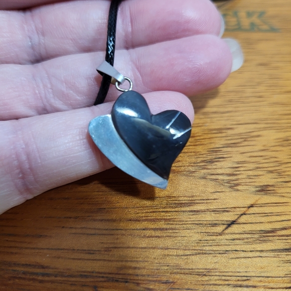 Vintage Carved Smokey Black with Applied Inlayed Silver Tone Metal Heart Pendant - Picture 7 of 16